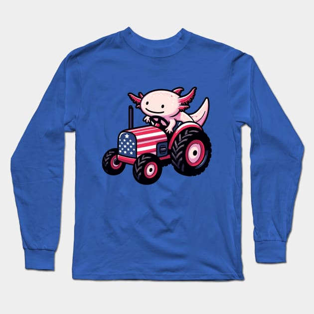 Tractor-Riding Cute Axolotl - American Spirit Long Sleeve T-Shirt by Conversion Threads